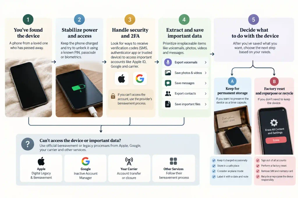 A clear step-by-step visual of the iOS iCloud backup and Apple ID sign-out screens highlighting how to disable Find My / Activation Lock before wiping