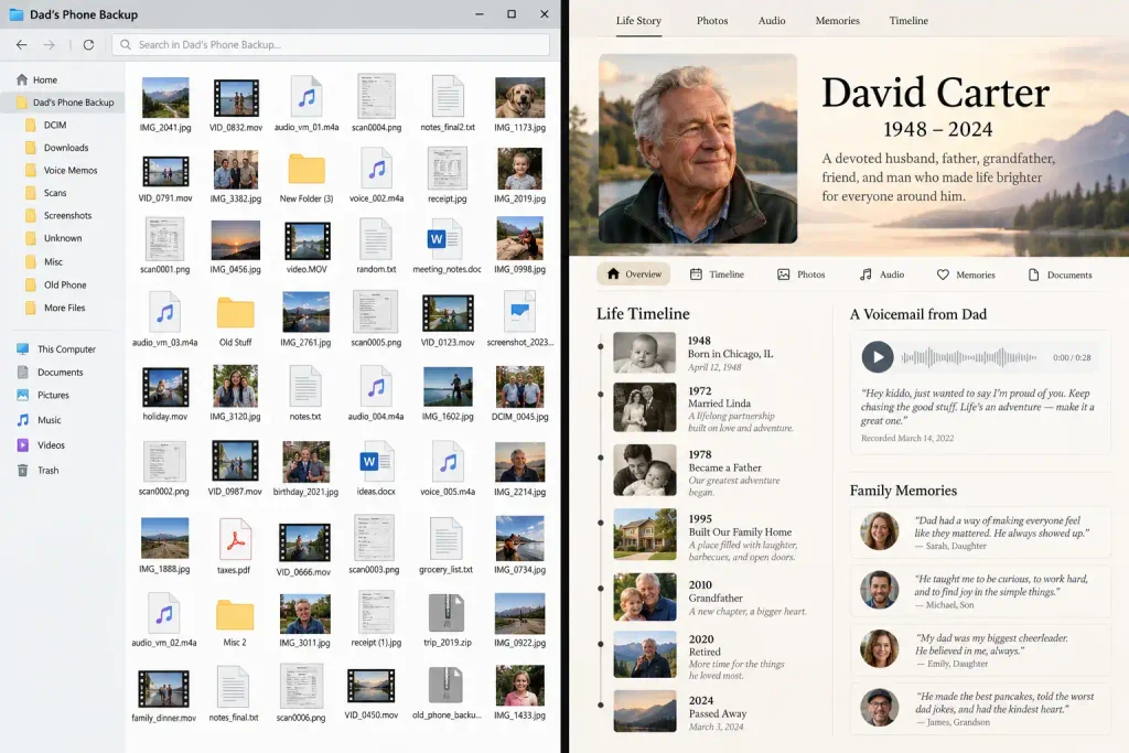 Graphic comparing raw phone backup files on a computer drive to a curated, collaborative life memorial archive.