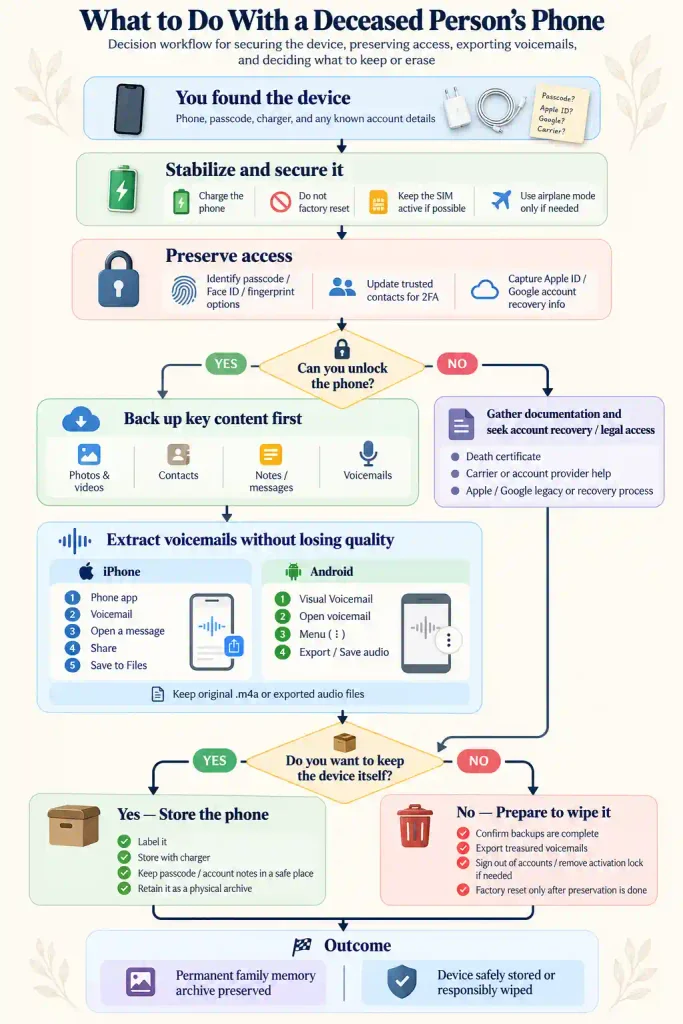 A comprehensive visual tree showing the decision workflow from finding the device, through stabilizing power/2FA, extracting voicemails, and choosing between physical storage or factory wiping.