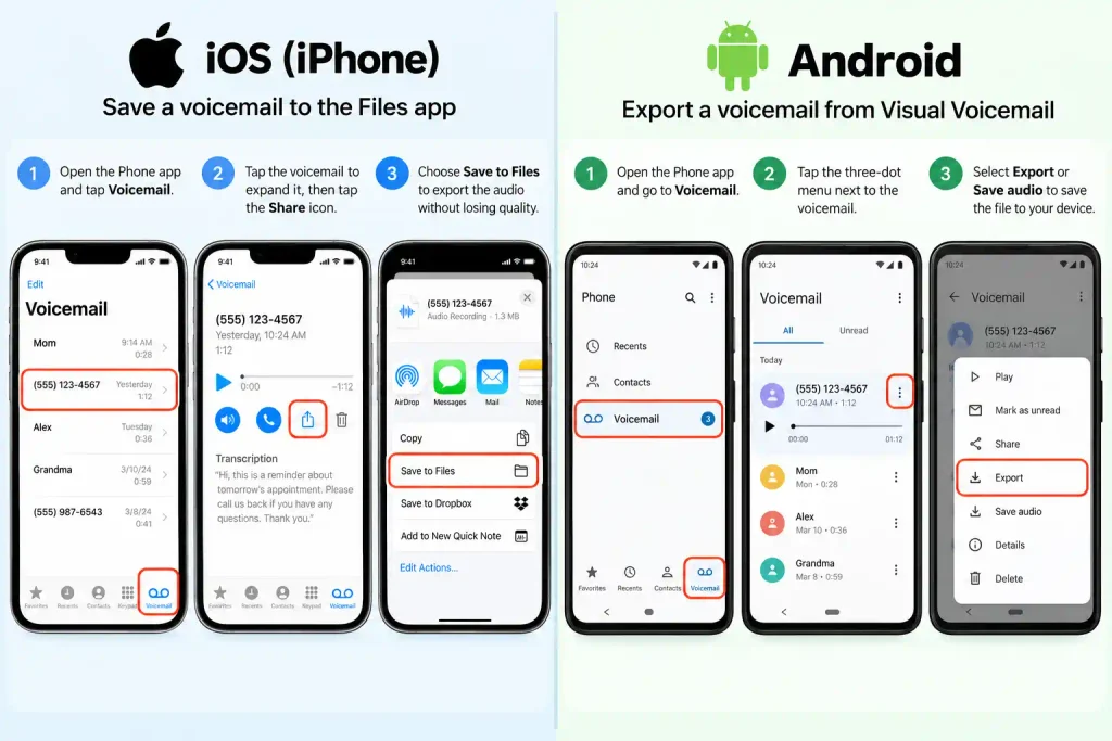 Step-by-step screen captures showing how to export and save voicemails on iPhone and Android.