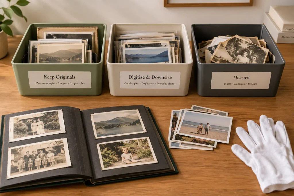 Table setup showing three-bin sorting system for organizing inherited family photo albums.