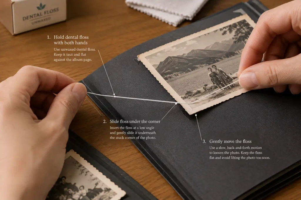 Demonstration of using unwaxed dental floss underneath a photograph stuck to a magnetic album page